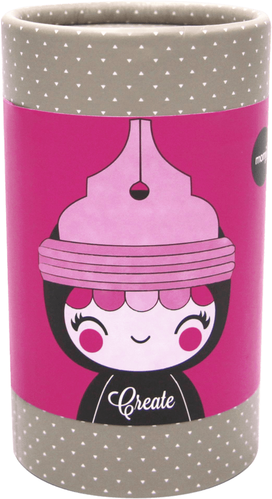 Create Momiji doll: cylindrical shape, kawaii character with a pink hat, designed by artists, hides a secret message inside. — Momiji doll