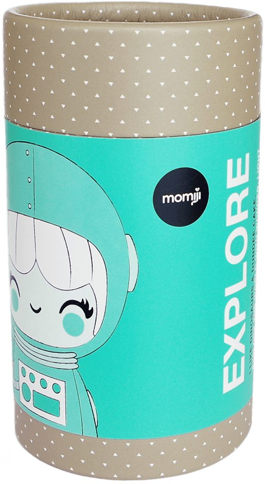 Momiji doll gift box, teal label, features astronaut girl art—Explore Momiji doll is an adorable collectible accessory. — Momiji doll
