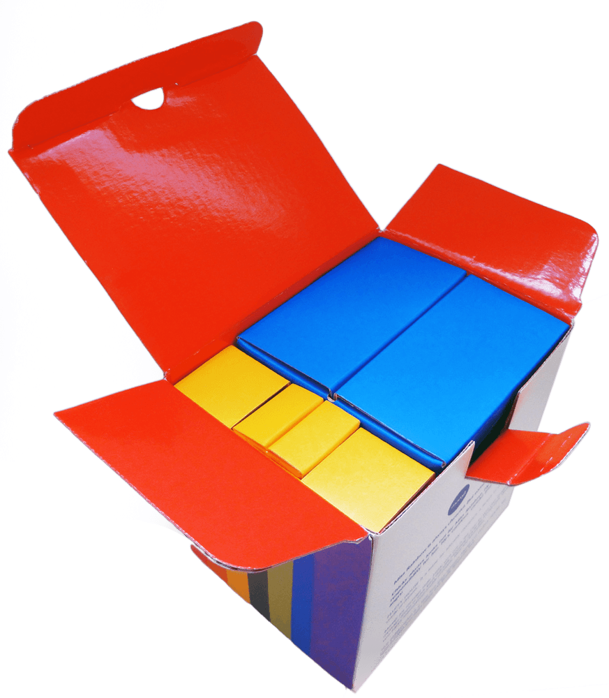 Open box with Miss Rainbow & Chicky Momiji doll blocks in blue and yellow—colorful collectible for FLUFFY HOUSE fans. — Momiji doll