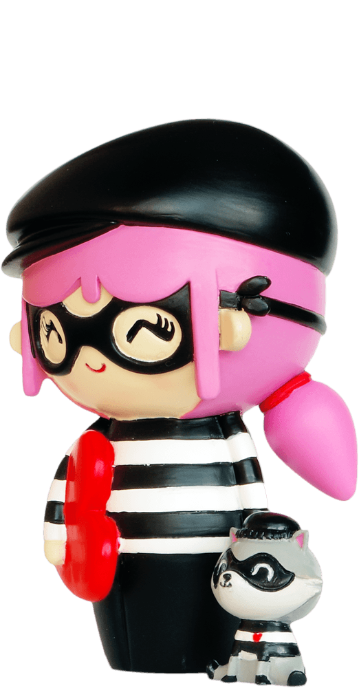 Boo & Burt Momiji doll with pink hair, black beret, striped shirt, and masked cat holding a red heart. Collectible character. — Momiji doll