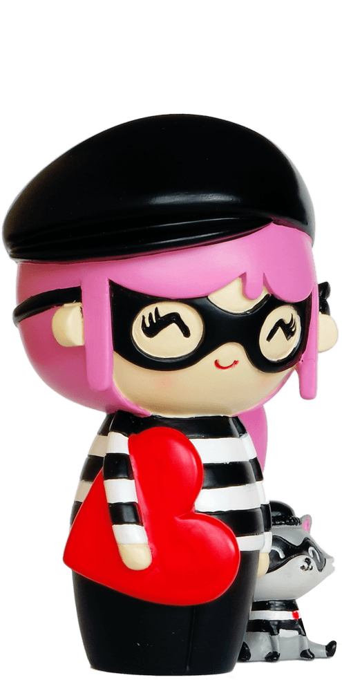 Boo & Burt Momiji doll with pink hair, black beret, mask, striped shirt, red heart, and a raccoon—collectible vinyl figure. — Momiji doll