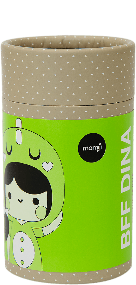 Cylindrical box with BFF Dina Momiji doll, a kawaii girl in a green dinosaur suit on a bright green label. — Momiji doll