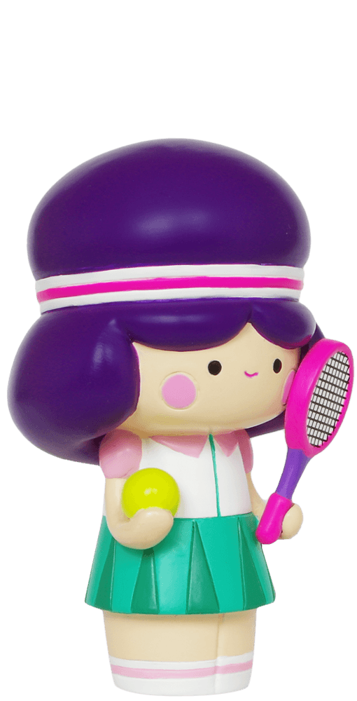 Ace Momiji doll with purple hair, green skirt, white shirt, holding a pink racket and yellow tennis ball. — Momiji doll