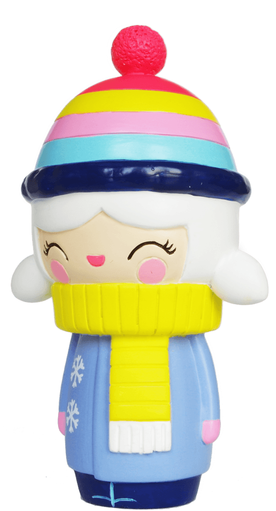 Winter Wonderland HN Momiji doll with white hair, a colorful hat, scarf, and a bright smile; collectible with secret message inside. — Momiji doll