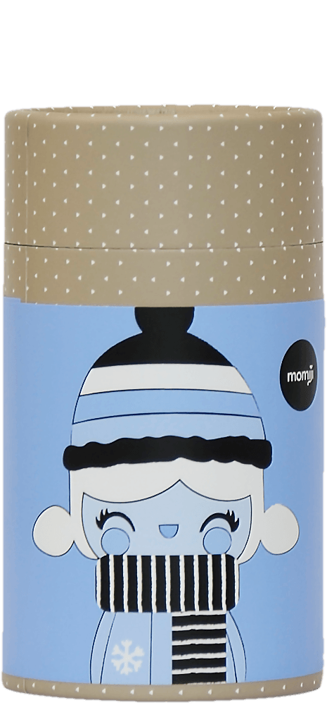 Winter Wonderland Momiji doll: tan cylinder with white dots, wearing a cozy winter hat and scarf, hiding a secret message inside. — Momiji doll