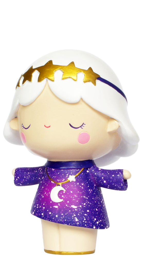 Galaxy Girl Momiji doll with white hair, gold star headband, purple dress with moons and stars, eyes closed. — Momiji doll