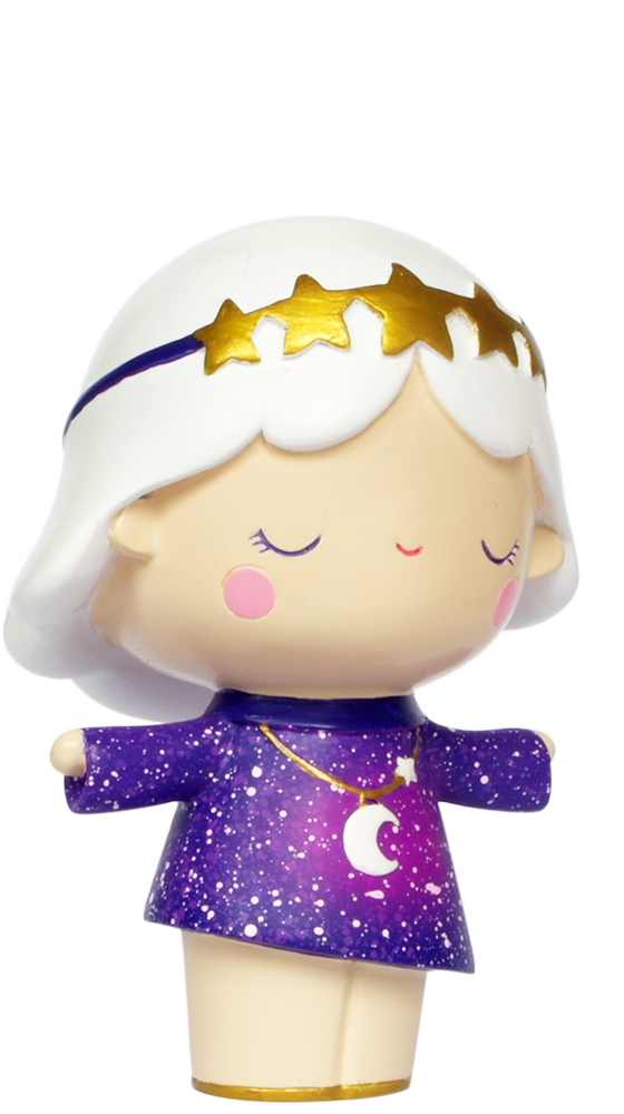 Galaxy Girl Momiji doll with white hair, gold star headband, purple star print dress, moon necklace, and closed eyes. — Momiji doll
