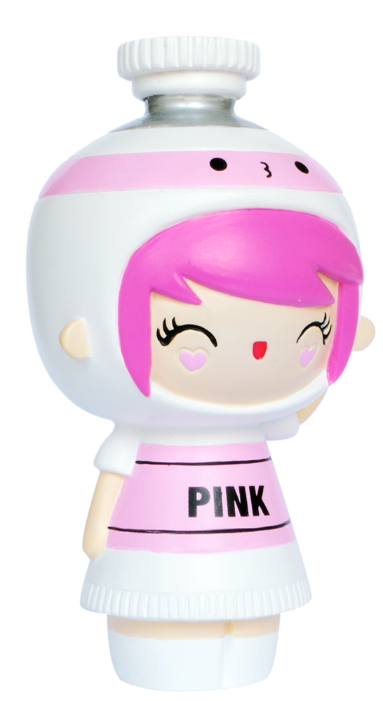 Create Pink Momiji doll with pink hair, white helmet, pink dress, heart cheeks, smiling face, and waving hand. — Momiji doll