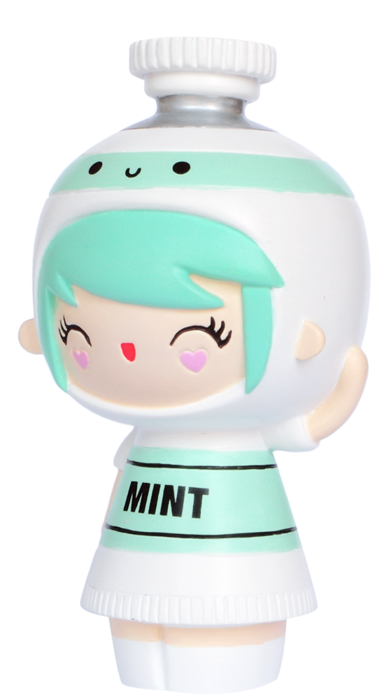 Create Mint Momiji doll with mint-green hair, a tube hat, mint dress, and a big smile, waving in a kawaii style. — Momiji doll