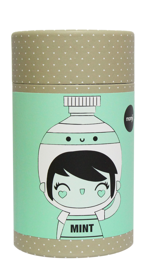 Create Mint Momiji doll in a cylindrical container, smiling and waving, wears a shirt with "MINT" on it. Collectible kawaii figure. — Momiji doll