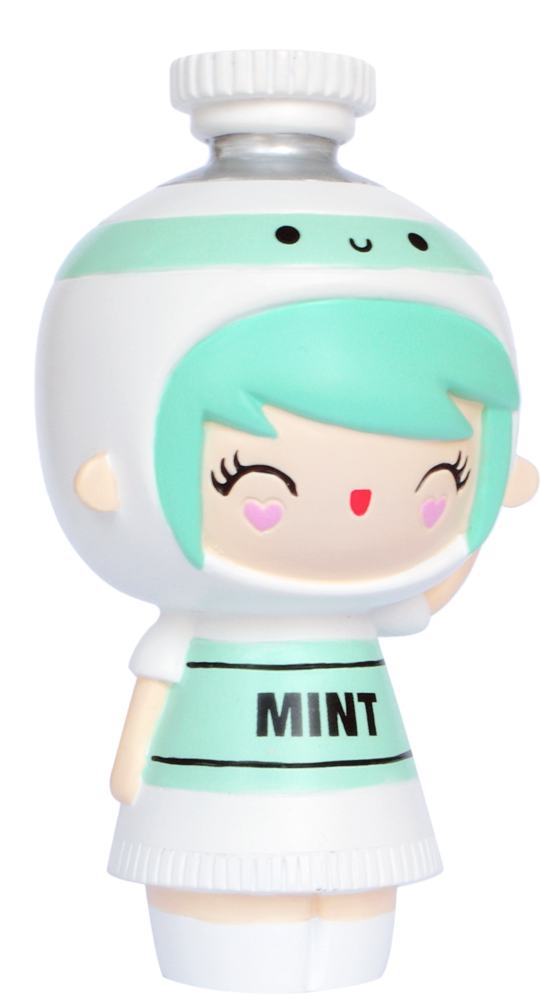 Create Mint Momiji doll with mint-green hair, mint tube dress labeled MINT, bright eyes, and a big cheerful smile. — Momiji doll