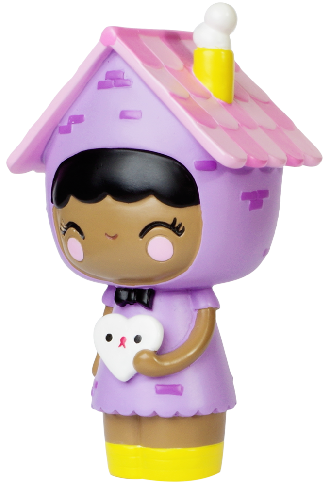 Momiji doll collectible with a pink roof-style hat, purple dress, yellow boots, and a heart featuring a cute bear face. — Momiji doll