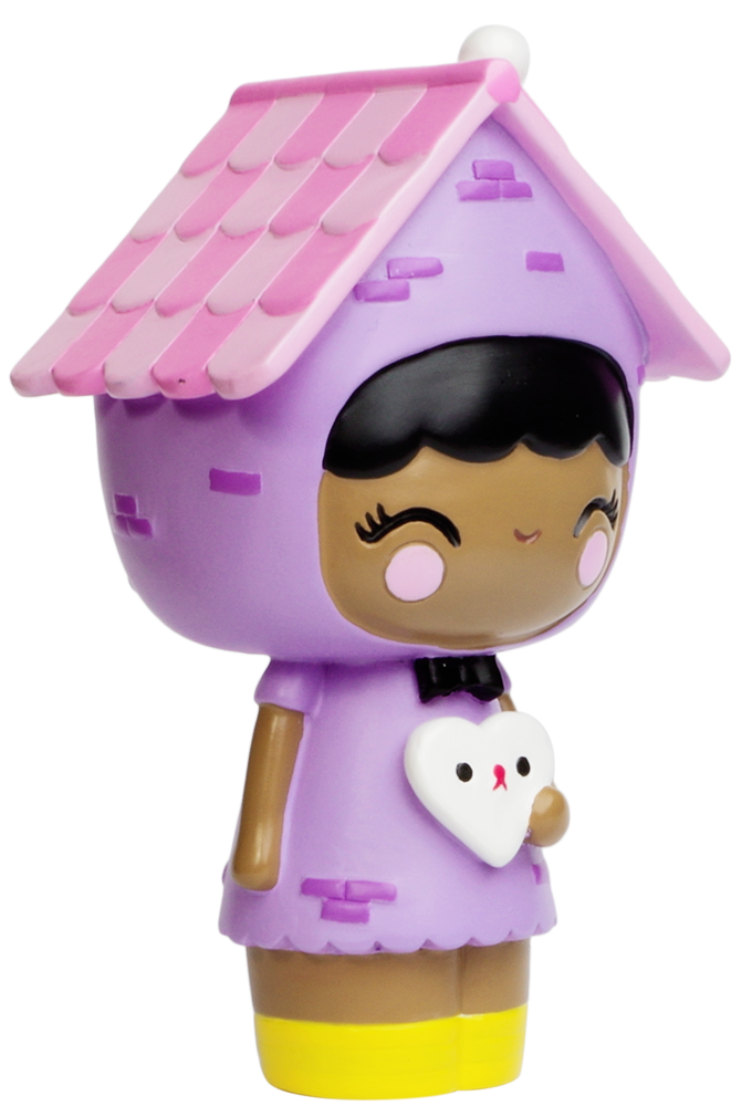 Home Momiji doll in a purple outfit, pink roof-shaped hat, holding a white heart, yellow shoes. Kawaii collectible character. — Momiji doll