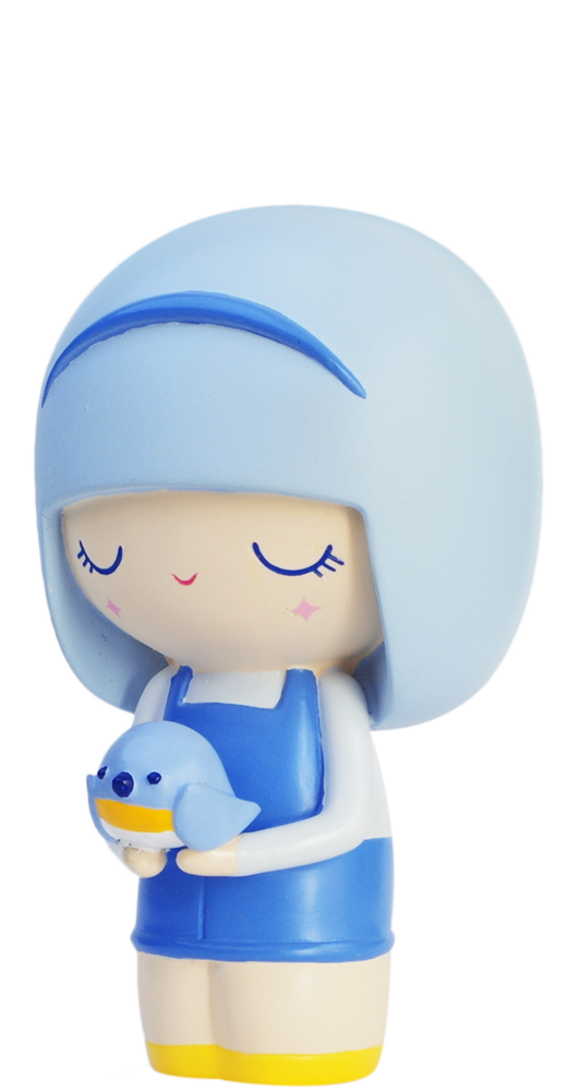Bluebird Momiji doll with blue hair, blue dress, closed eyes, and a sweet smile. Collectible with hidden message inside. — Momiji doll