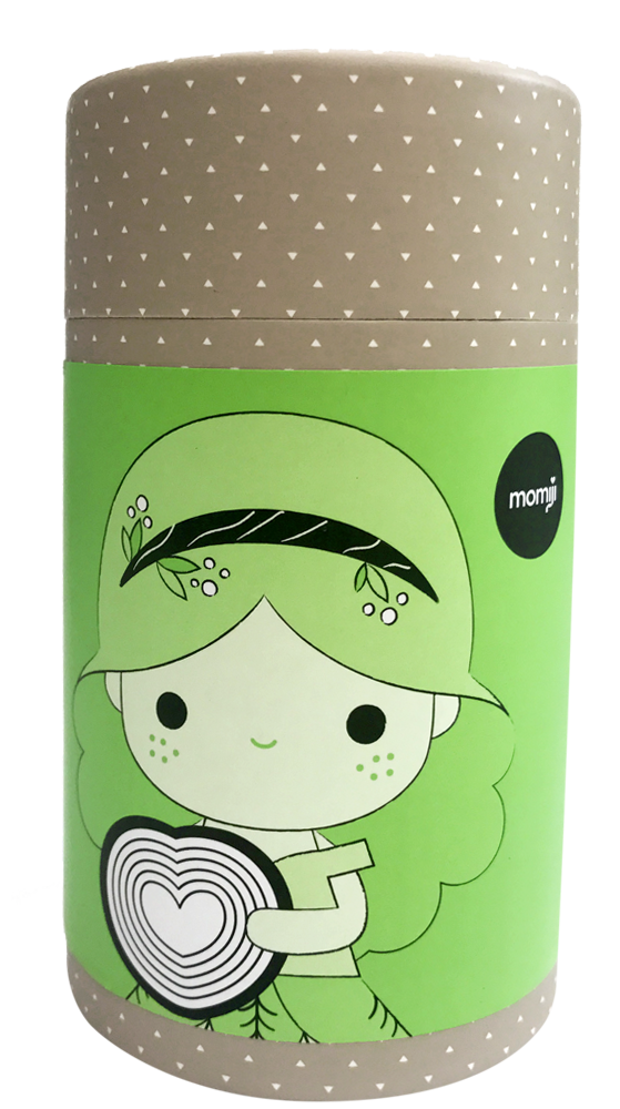 The Kindness Momiji doll on a cylindrical box holds a red heart; colourful design, kawaii collectible hiding a secret message. — Momiji doll