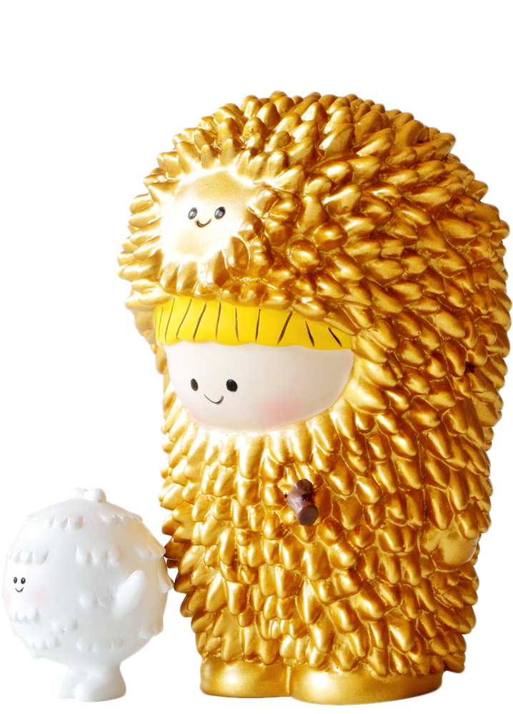 Golden Treeson Momiji doll in a shiny gold spiky suit, holding a smiling white figure; kawaii collectible character. — Momiji doll