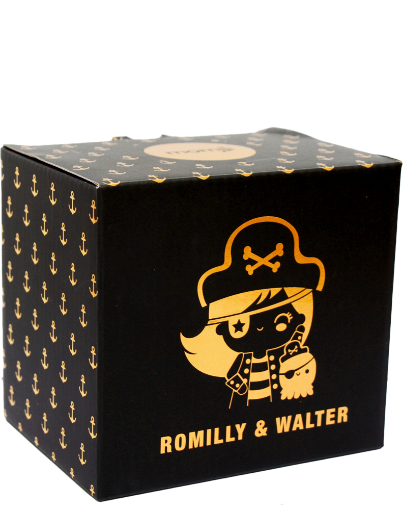 Black box with gold anchors, pirate-themed Momiji doll girl, labeled Romilly & Walter collectible, kawaii style. — Momiji doll