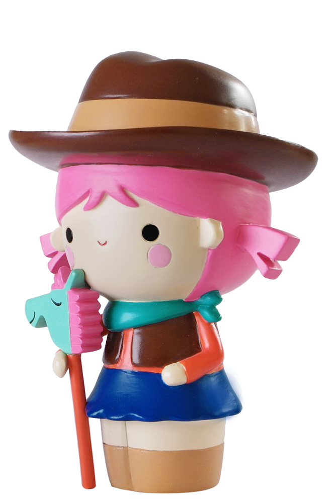 Yeehaa Momiji doll with pink hair, cowboy hat, toy horse, blue skirt, and scarf; kawaii collectible with secret message inside. — Momiji doll