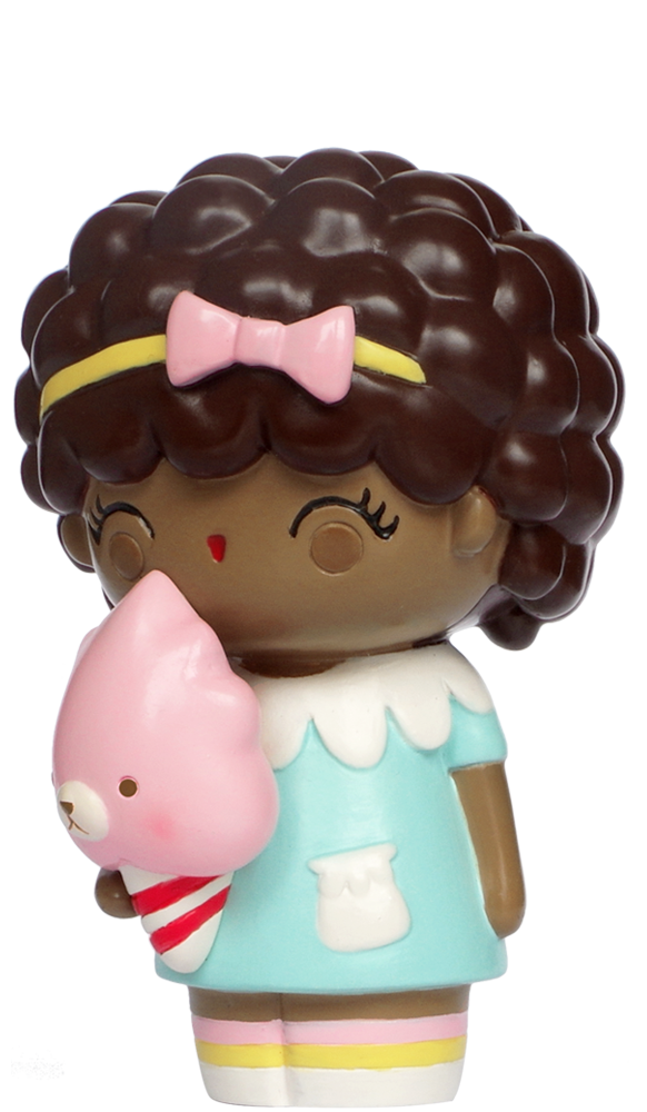 Giggles HN Momiji doll with curly brown hair, pink bow, blue dress, holding a pink bear-shaped ice cream cone. — Momiji doll
