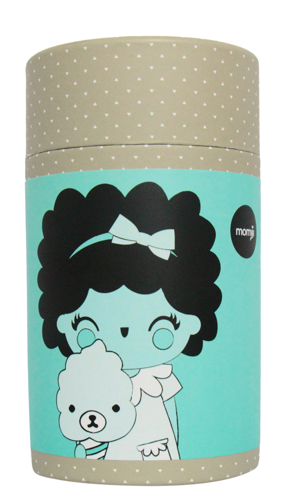 Giggles HN Momiji doll holding a teddy bear, featured on a cylindrical box with teal heart-patterned background. — Momiji doll