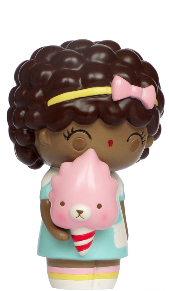 Giggles HN Momiji doll with curly hair, a pink bow, pink bear ice cream, and a blue striped dress. — Momiji doll
