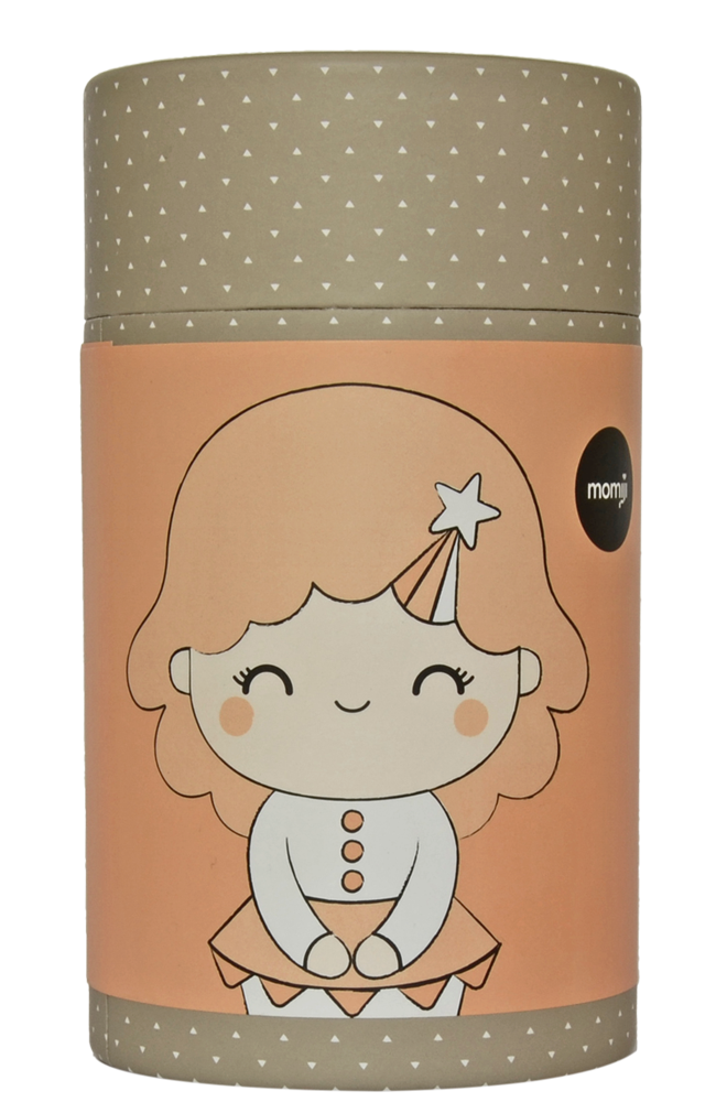 Birthday Girl Apricot Momiji doll in an orange dress and party hat, on a polka-dot cylindrical gift box. — Momiji doll