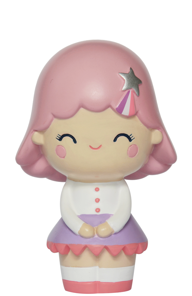 Birthday Girl Rose Momiji doll with pink hair, star hairpin, white shirt, and purple skirt. Cute collectible with secret message inside. — Momiji doll