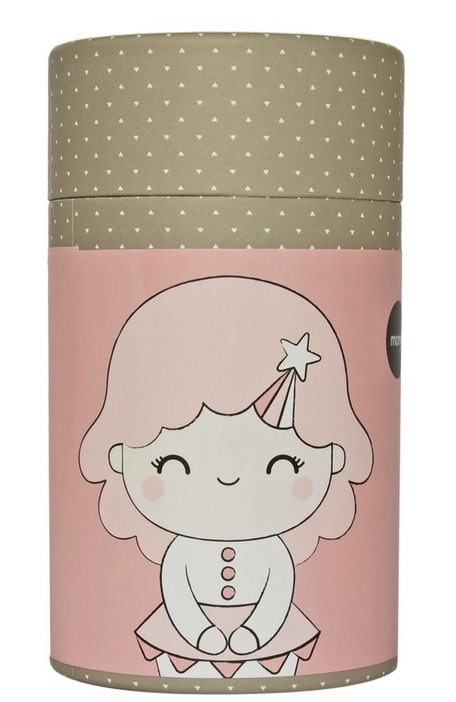 Birthday Girl Rose Momiji doll box: kawaii character, party hat, beige dotted lid; collectible gift with hidden message. — Momiji doll
