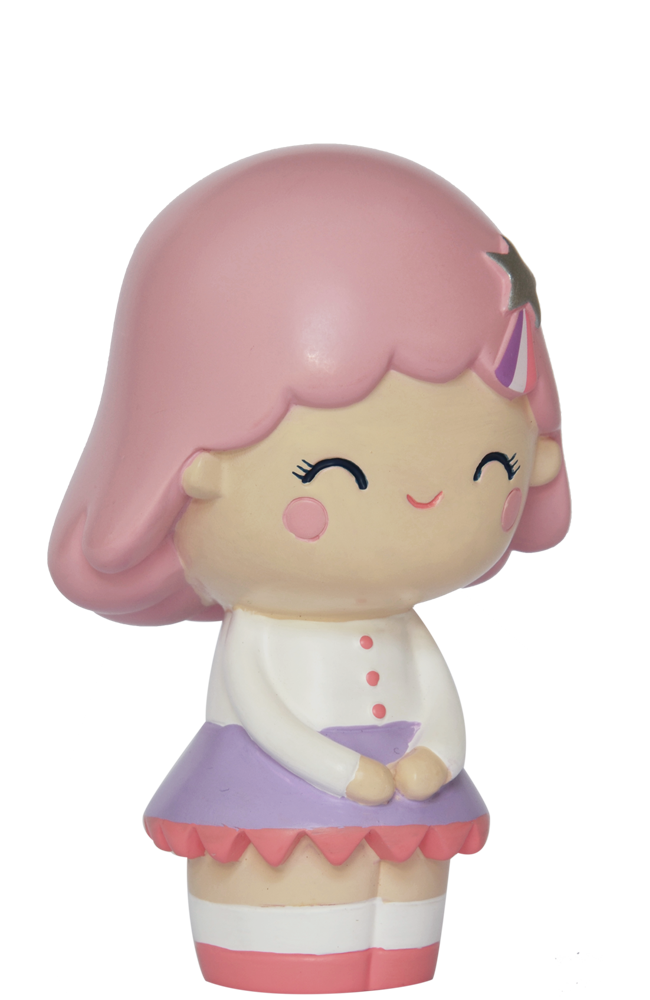 Birthday Girl Rose Momiji doll with pink hair, white shirt, and purple skirt; a kawaii collectible that hides a secret message. — Momiji doll
