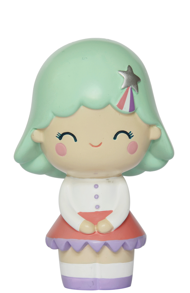 Birthday Girl Mint Momiji doll with mint green hair, pink cheeks, star clip, and red skirt. Secret message slot included. — Momiji doll