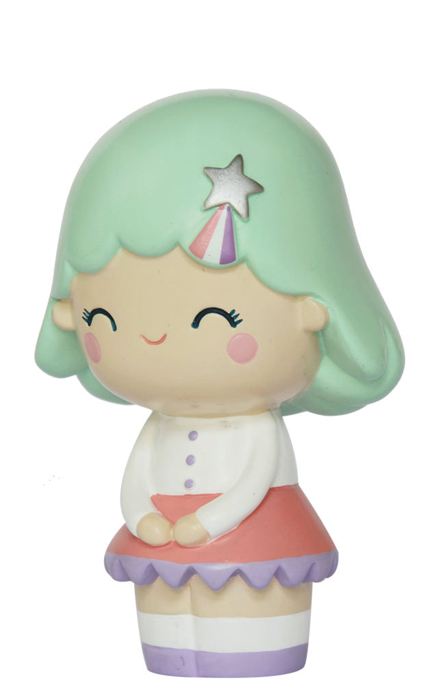 Birthday Girl Mint Momiji doll with mint green hair, star hair clip, white top, pink skirt, and a closed-eye smile. — Momiji doll