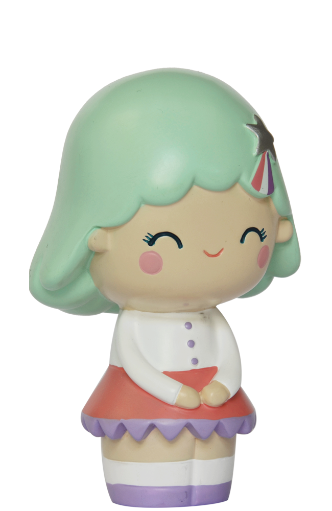 Birthday Girl Mint Momiji doll with mint green hair, pink cheeks, closed eyes, and a red skirt; collectible and cute. — Momiji doll