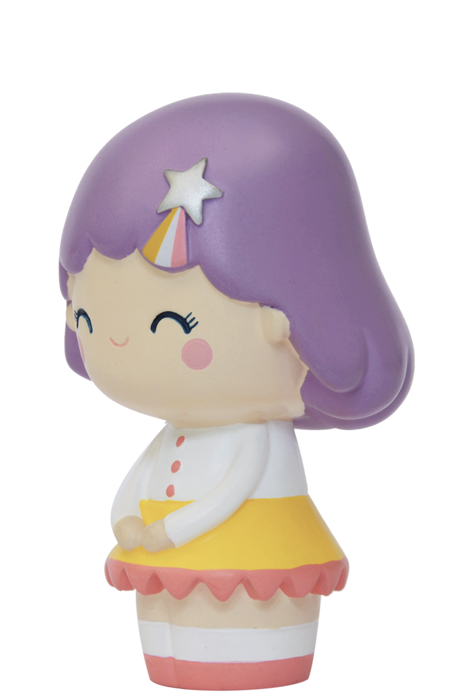 Birthday Girl Lavender Momiji doll with purple hair, star headpiece, yellow-orange dress, and a closed-eye smile. — Momiji doll