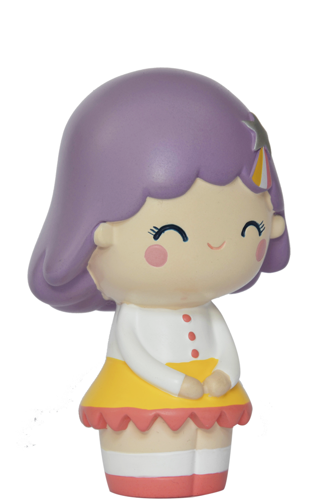 Birthday Girl Lavender Momiji doll with purple hair, star hairpin, white shirt, yellow skirt, pink cheeks; message inside. — Momiji doll
