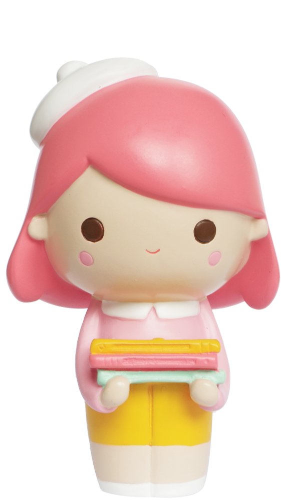 Curiosity HN Momiji doll with pink hair, white hat, pink top, yellow pants, and holding colorful books. — Momiji doll