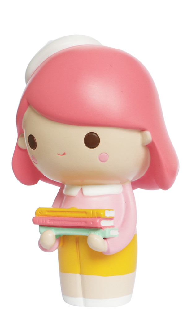Curiosity HN Momiji doll with pink hair, yellow pants, white hat, holding colorful books. A fun collectible character gift. — Momiji doll