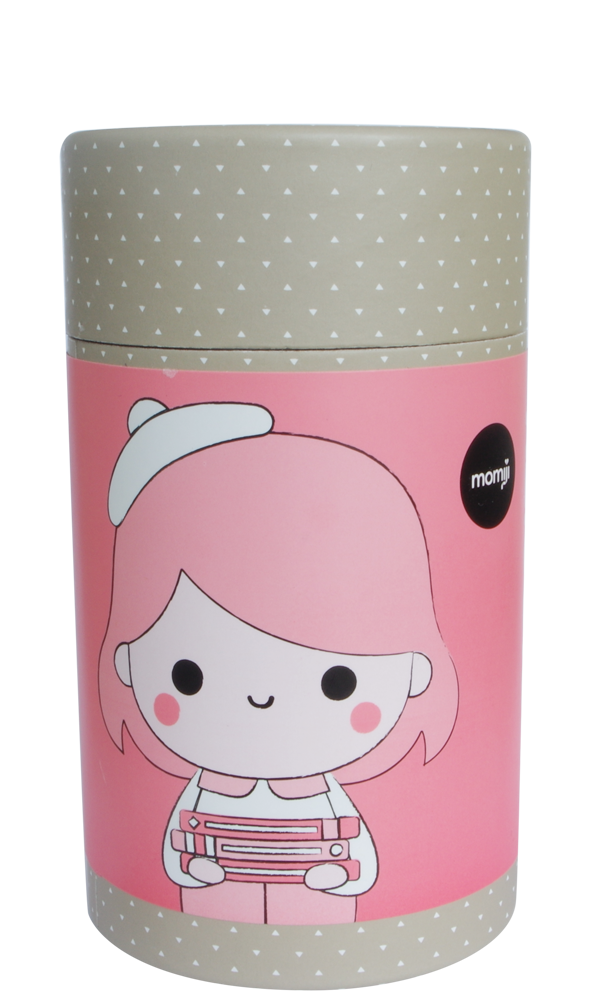 Curiosity HN Momiji doll: kawaii vinyl figure with books, cartoon girl, on a pink and beige polka dot background. — Momiji doll