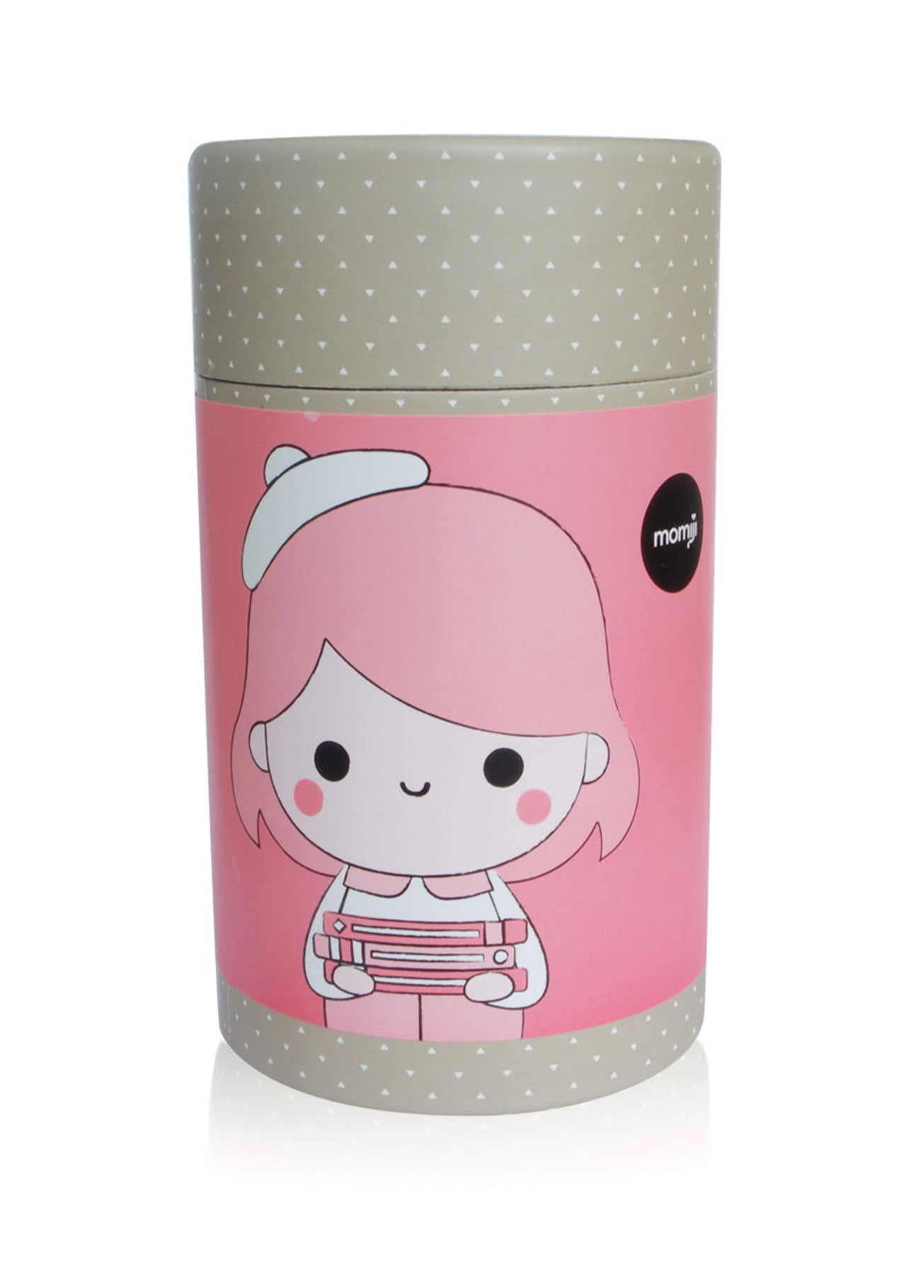 Curiosity Momiji doll box: pink with white hearts, beige lid, cartoon girl with books. Cute collectible for fans of Momiji dolls. — Momiji doll