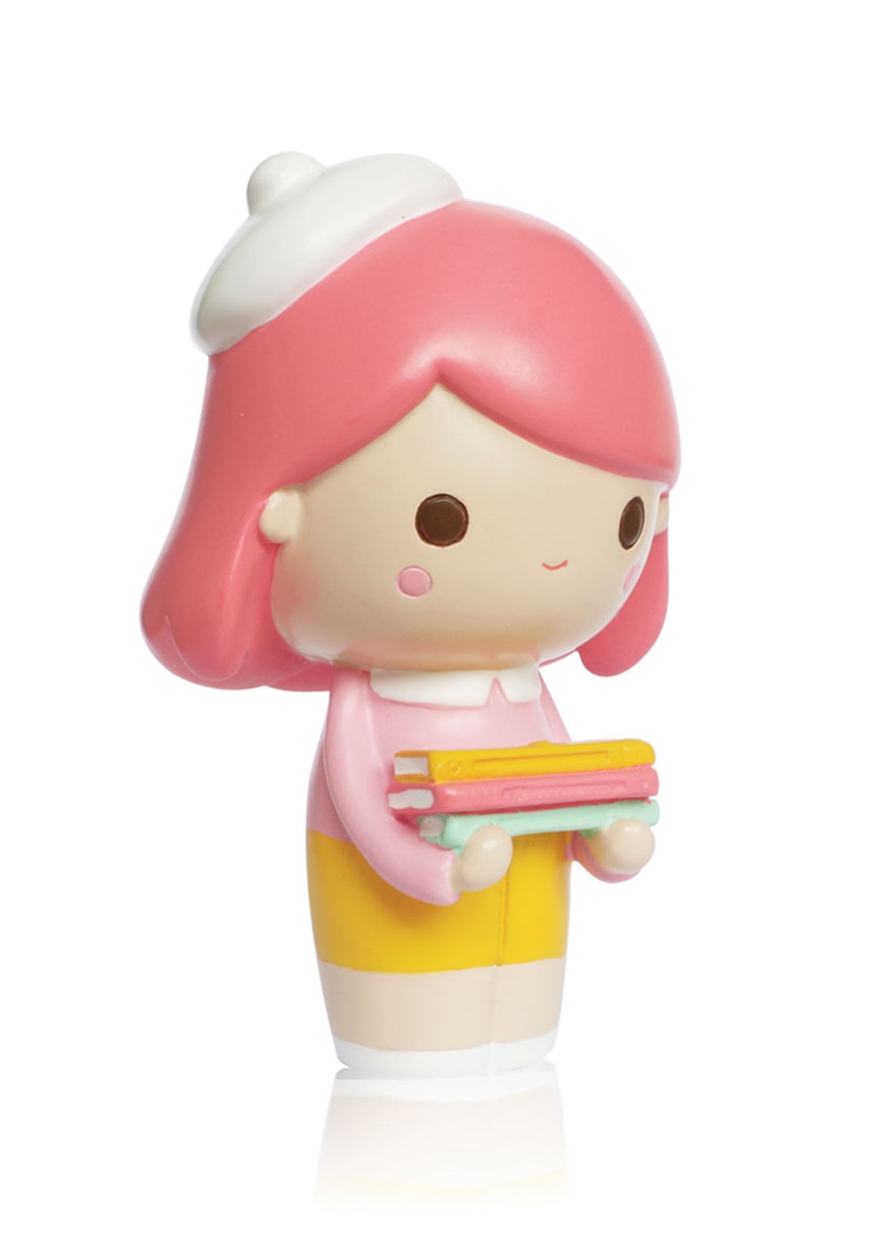 Curiosity Momiji doll: kawaii pink-haired character in a beret, pink top, yellow skirt, and holding books. — Momiji doll