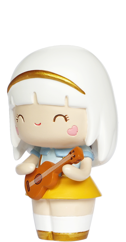 Harmony Momiji doll with white hair, yellow skirt, blue top, and guitar—cute collectible that hides a secret message. — Momiji doll