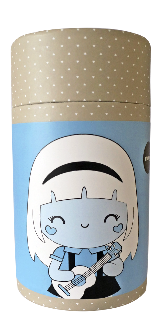 Harmony Momiji doll collectible container shows a kawaii girl character playing ukulele on a blue-beige background. — Momiji doll