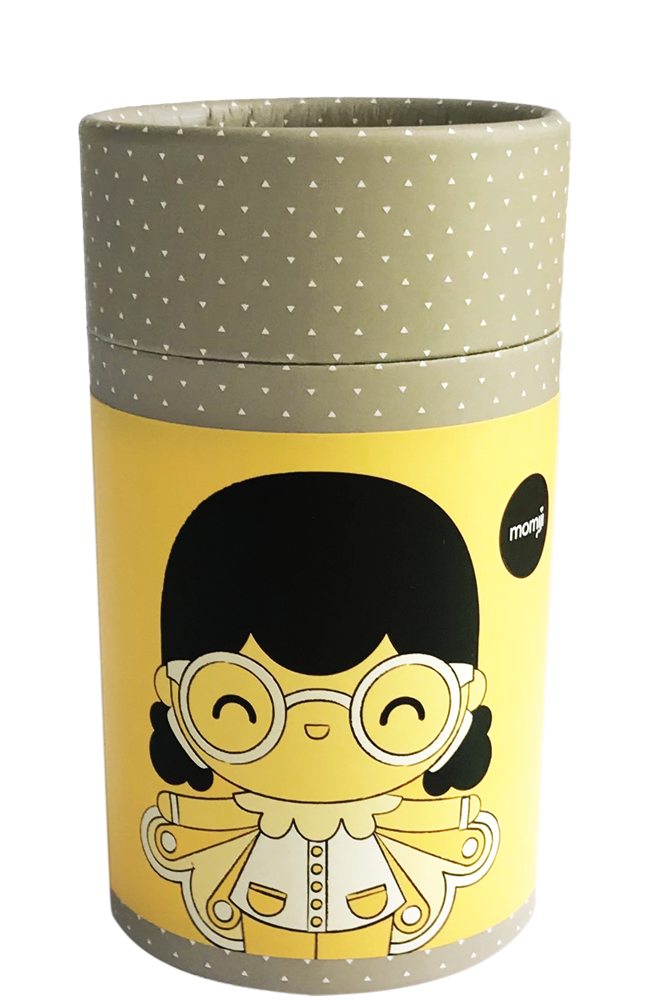Butterfly HN: Cylindrical container featuring a Momiji doll with glasses and cape, sitting on a yellow, grey-dotted lid. — Momiji doll
