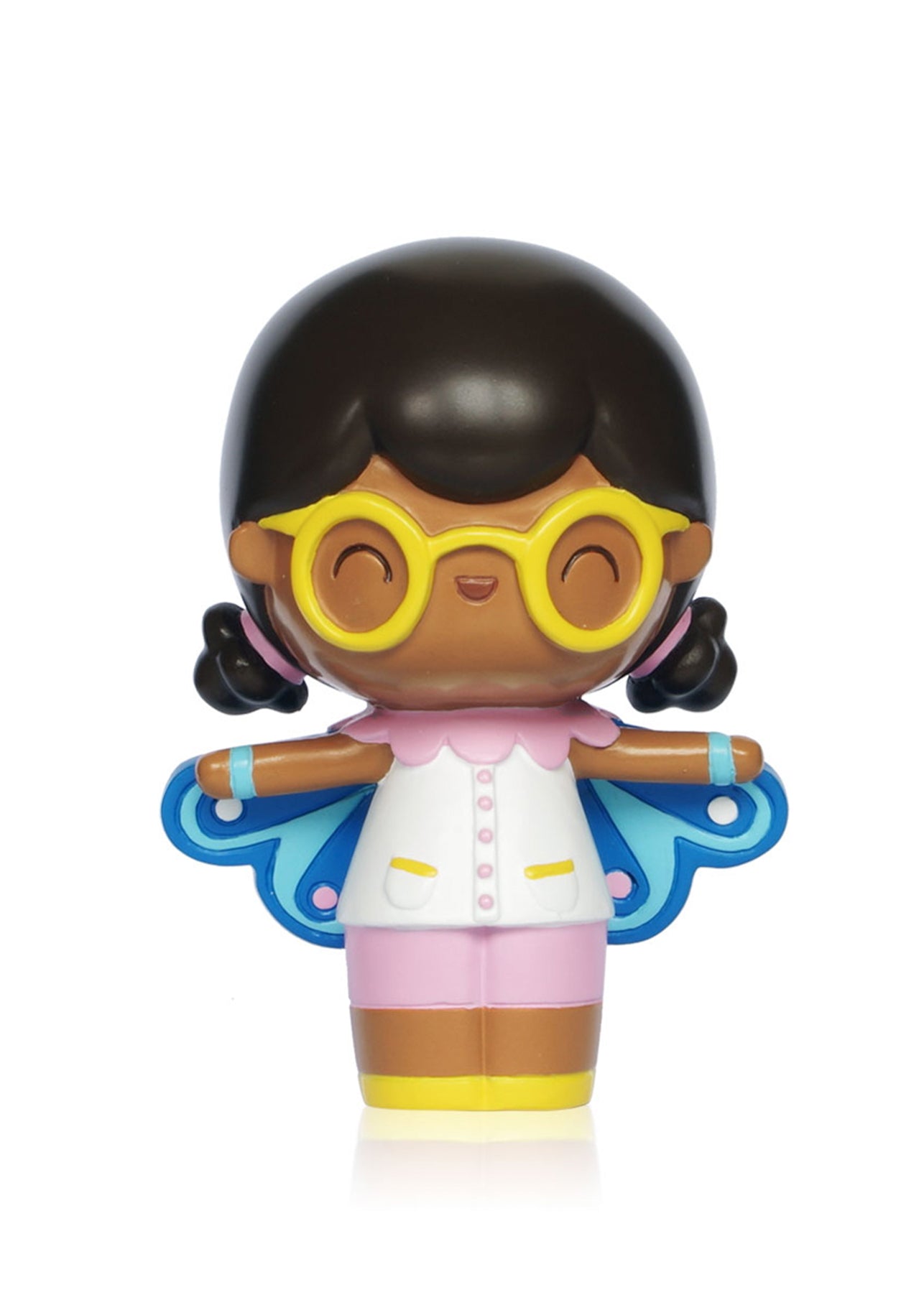 Butterfly Momiji doll has yellow glasses, dark hair, butterfly wings, and a pink and white outfit. Collectible with secret message. — Momiji doll