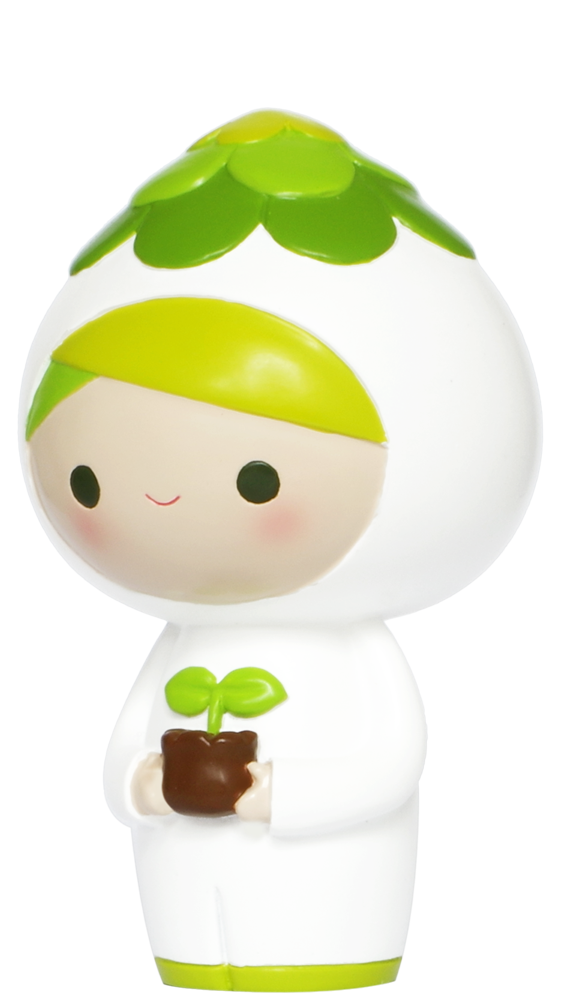 Bloom Momiji doll wears a white suit with green leaf accents and holds a potted plant, featuring cute collectible charm. — Momiji doll