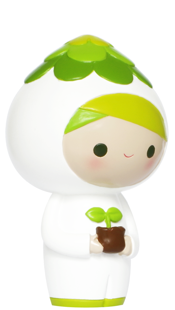 Bloom Momiji doll wears a white suit with green leaf accents, smiles sweetly, and holds a little potted plant in her hands. — Momiji doll