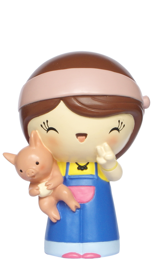 Janis J Momiji doll: Smiling girl in blue overalls, holding a pig and making a peace sign. Kawaii collectible character. — Momiji doll