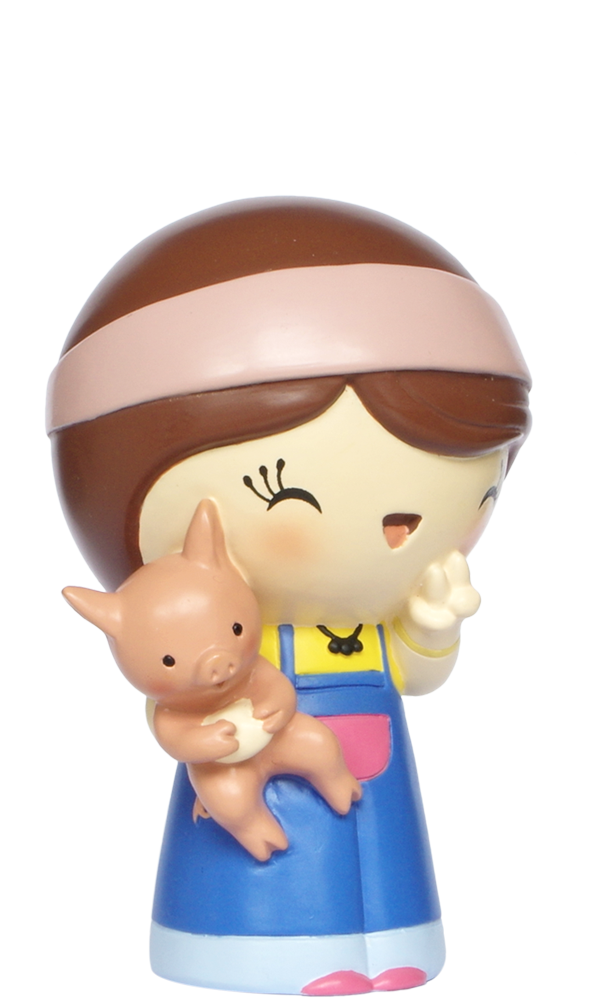 Janis J Momiji doll in a blue dress, holding a small pig and giving a peace sign with her other hand. — Momiji doll