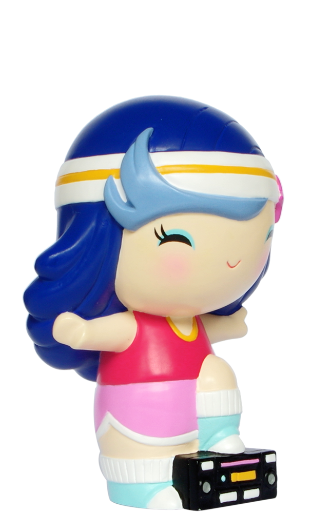 Tina C Momiji doll with blue hair, pink outfit, and headband sitting on a boombox. Kawaii collectible with secret message. — Momiji doll