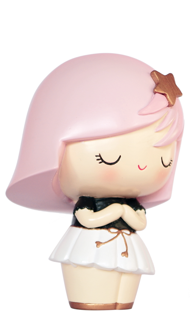 Wish Upon a Star Momiji doll with pink hair, gold star hair clip, black top, white skirt; smiling with eyes closed. — Momiji doll