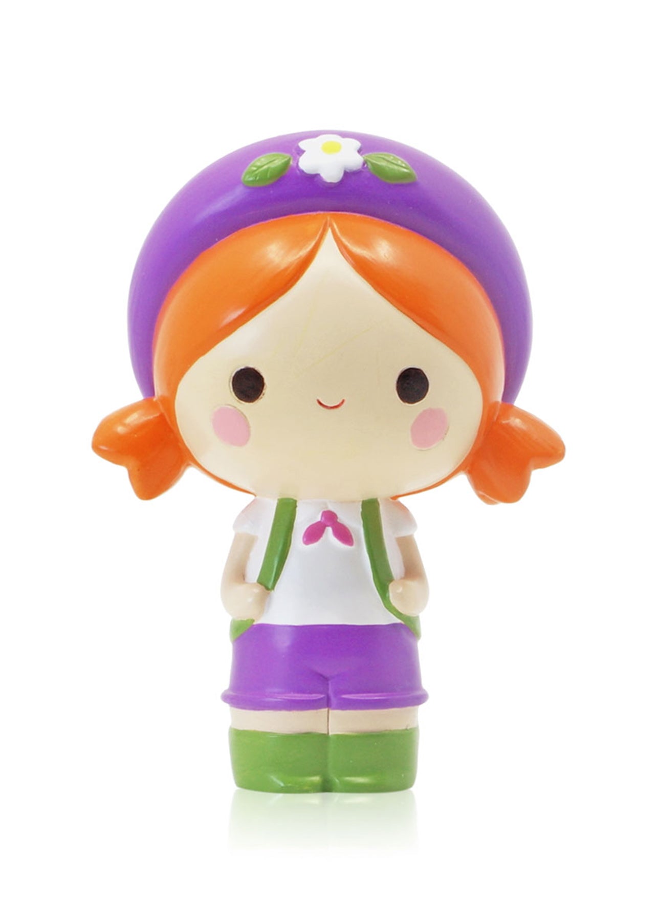Momiji doll with orange hair, purple headband, green boots, adventure bag; smiling on white background. — Momiji doll